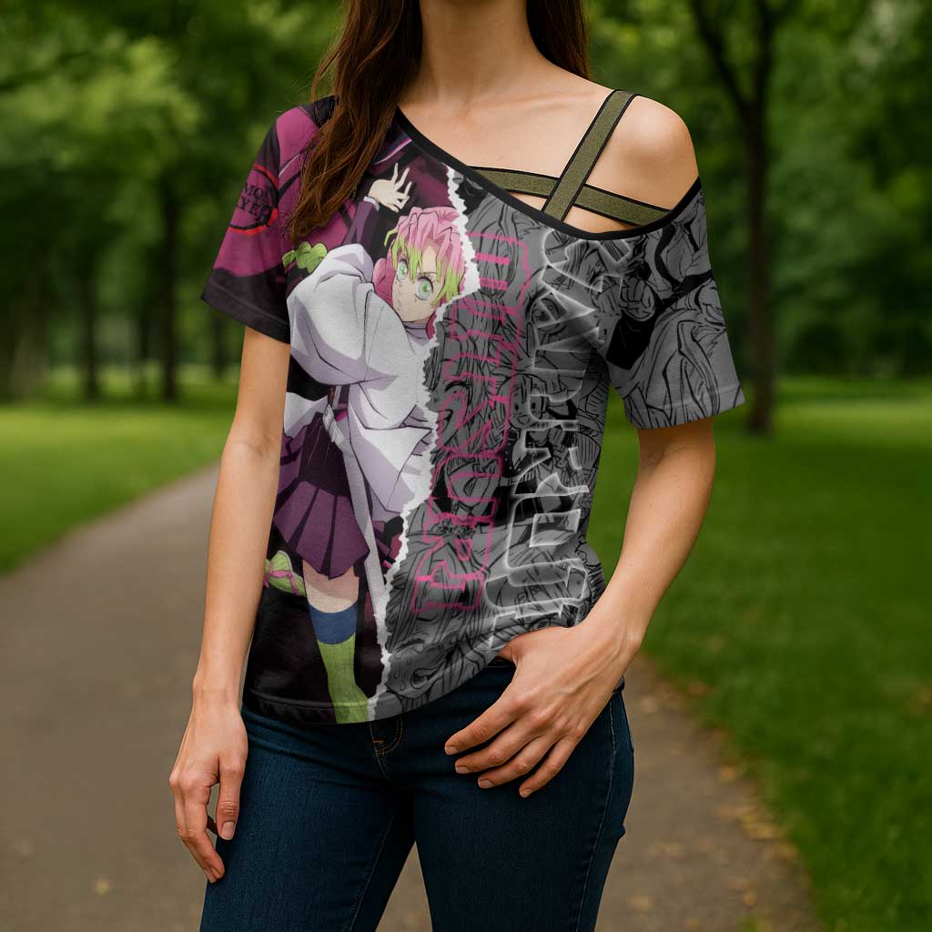 Mitsuri Kanroji Demon Slayer Pink and Black Design Cross Shoulder Shirt with Manga Panels and Love Hashira Theme - The Mazicc