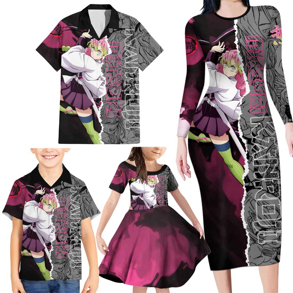 Mitsuri Kanroji Demon Slayer Pink and Black Design Family Matching Long Sleeve Bodycon Dress and Hawaiian Shirt with Manga Panels and Love Hashira Theme