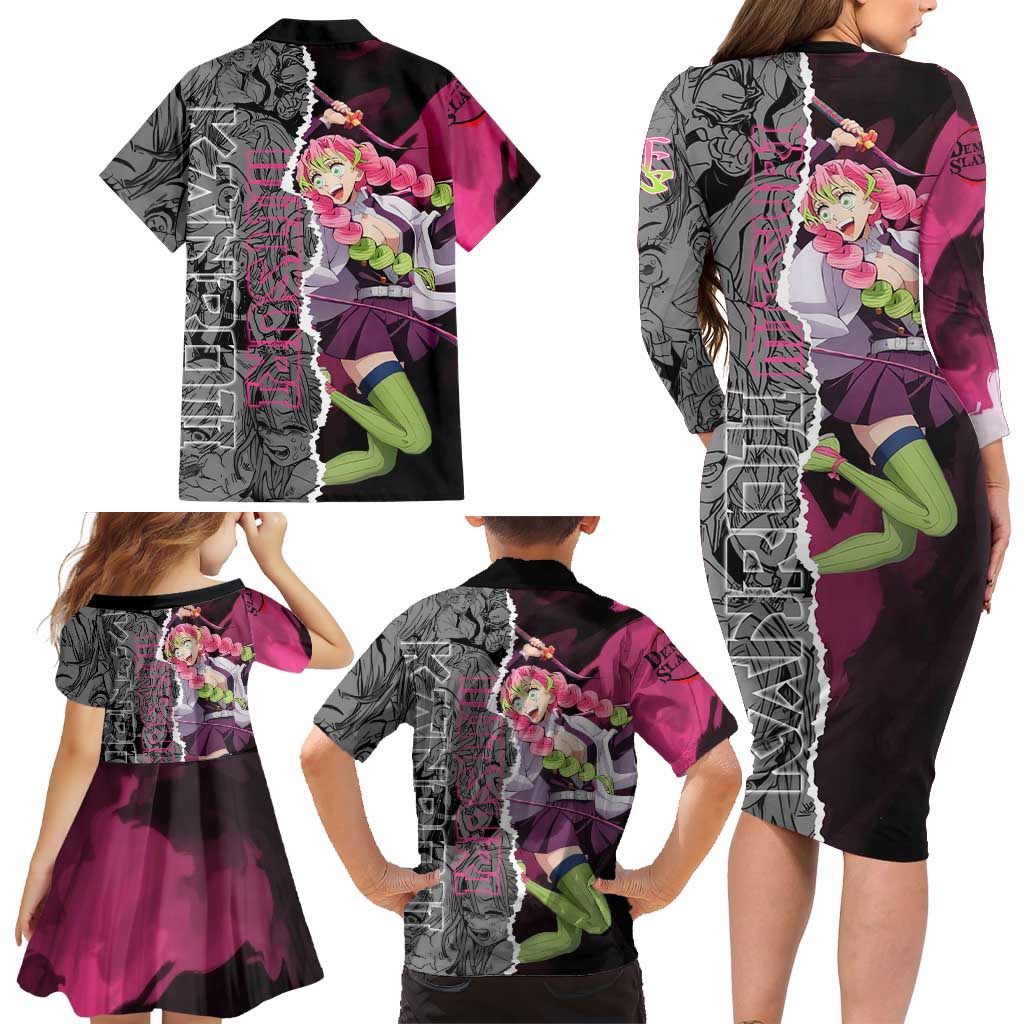 Mitsuri Kanroji Demon Slayer Pink and Black Design Family Matching Long Sleeve Bodycon Dress and Hawaiian Shirt with Manga Panels and Love Hashira Theme