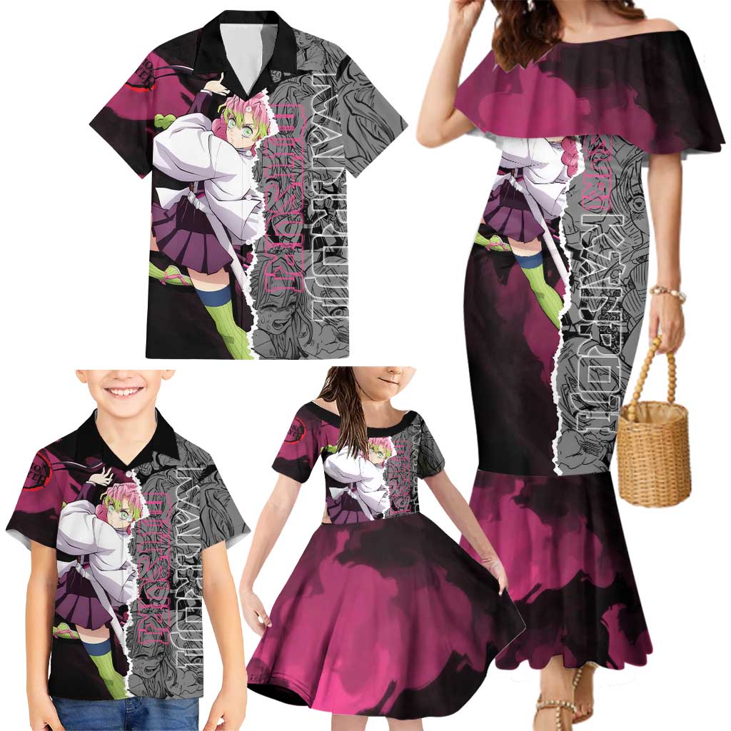 Mitsuri Kanroji Demon Slayer Pink and Black Design Family Matching Mermaid Dress and Hawaiian Shirt with Manga Panels and Love Hashira Theme