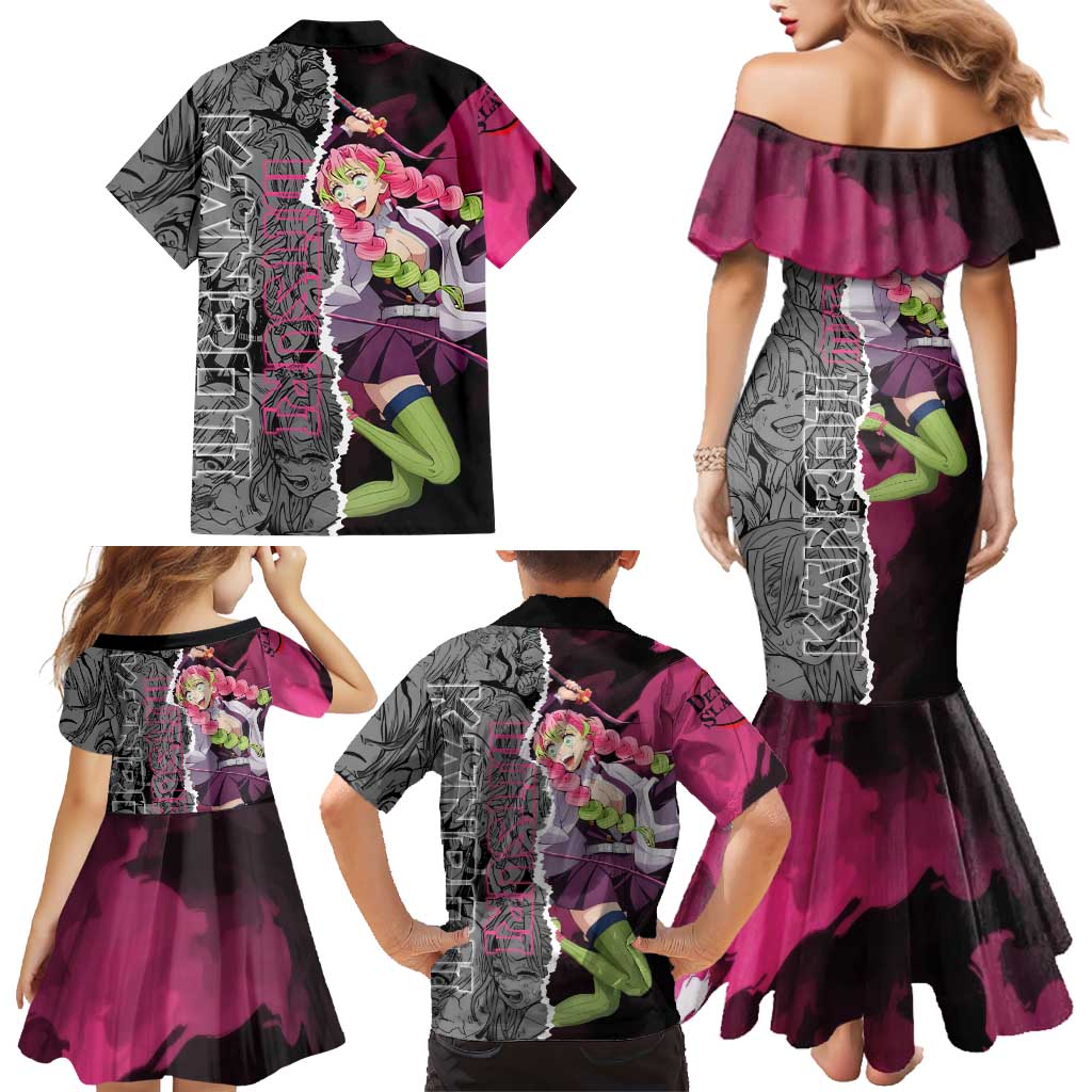 Mitsuri Kanroji Demon Slayer Pink and Black Design Family Matching Mermaid Dress and Hawaiian Shirt with Manga Panels and Love Hashira Theme