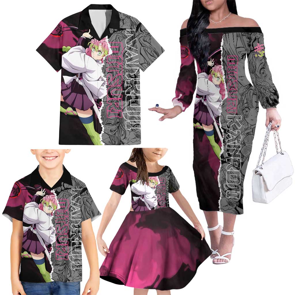 Mitsuri Kanroji Demon Slayer Pink and Black Design Family Matching Off The Shoulder Long Sleeve Dress and Hawaiian Shirt with Manga Panels and Love Hashira Theme