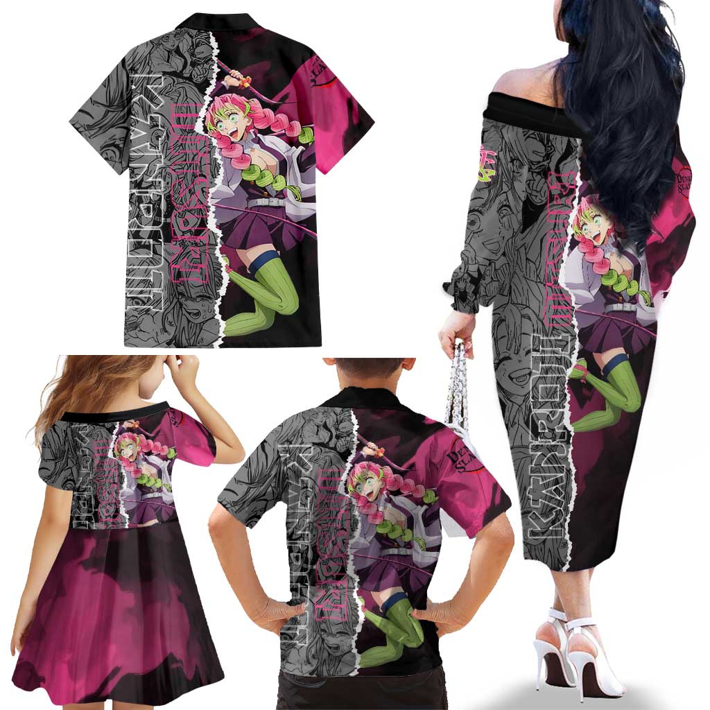 Mitsuri Kanroji Demon Slayer Pink and Black Design Family Matching Off The Shoulder Long Sleeve Dress and Hawaiian Shirt with Manga Panels and Love Hashira Theme