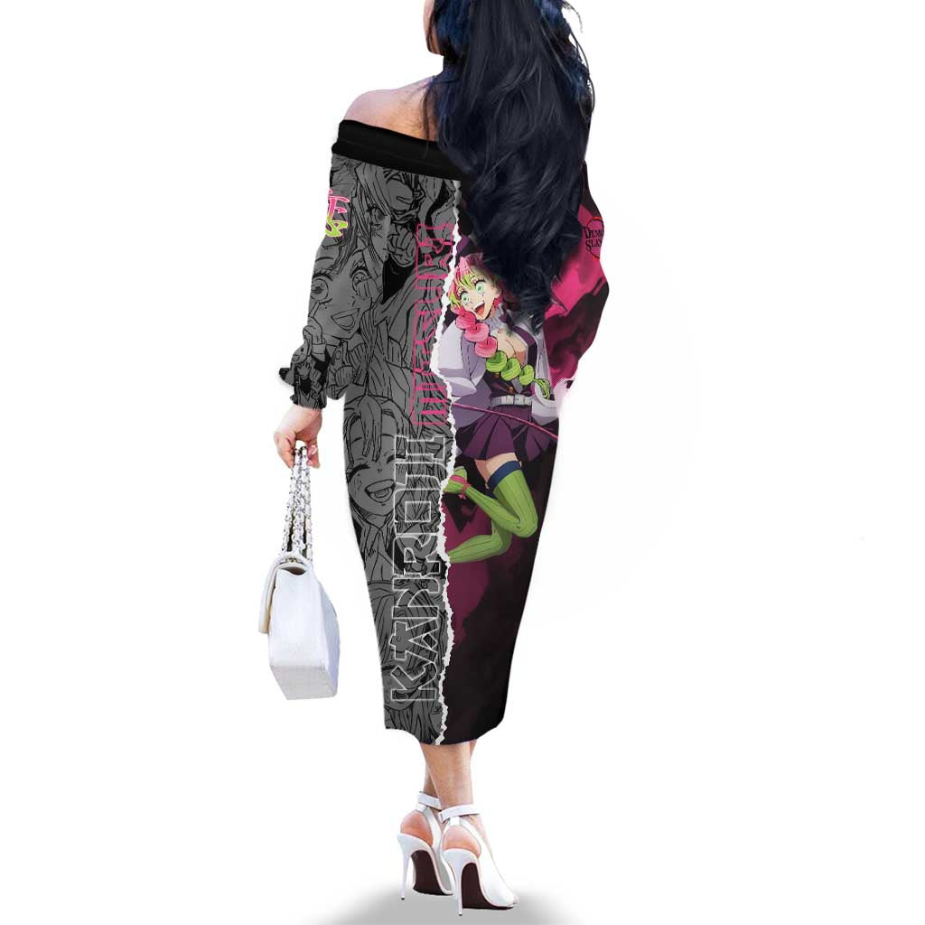 Mitsuri Kanroji Demon Slayer Pink and Black Design Family Matching Off The Shoulder Long Sleeve Dress and Hawaiian Shirt with Manga Panels and Love Hashira Theme