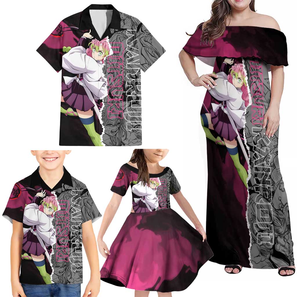 Mitsuri Kanroji Demon Slayer Pink and Black Design Family Matching Off Shoulder Maxi Dress and Hawaiian Shirt with Manga Panels and Love Hashira Theme