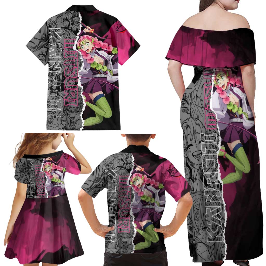 Mitsuri Kanroji Demon Slayer Pink and Black Design Family Matching Off Shoulder Maxi Dress and Hawaiian Shirt with Manga Panels and Love Hashira Theme