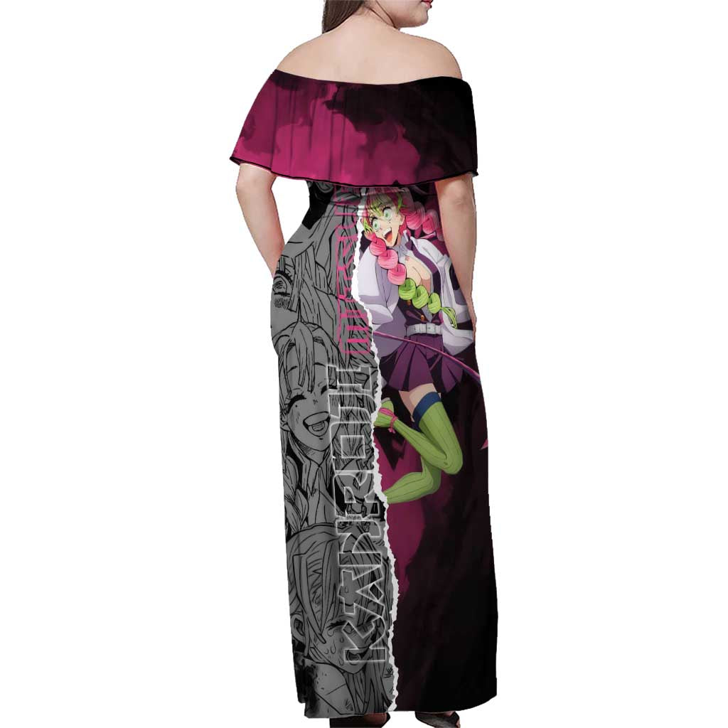 Mitsuri Kanroji Demon Slayer Pink and Black Design Family Matching Off Shoulder Maxi Dress and Hawaiian Shirt with Manga Panels and Love Hashira Theme