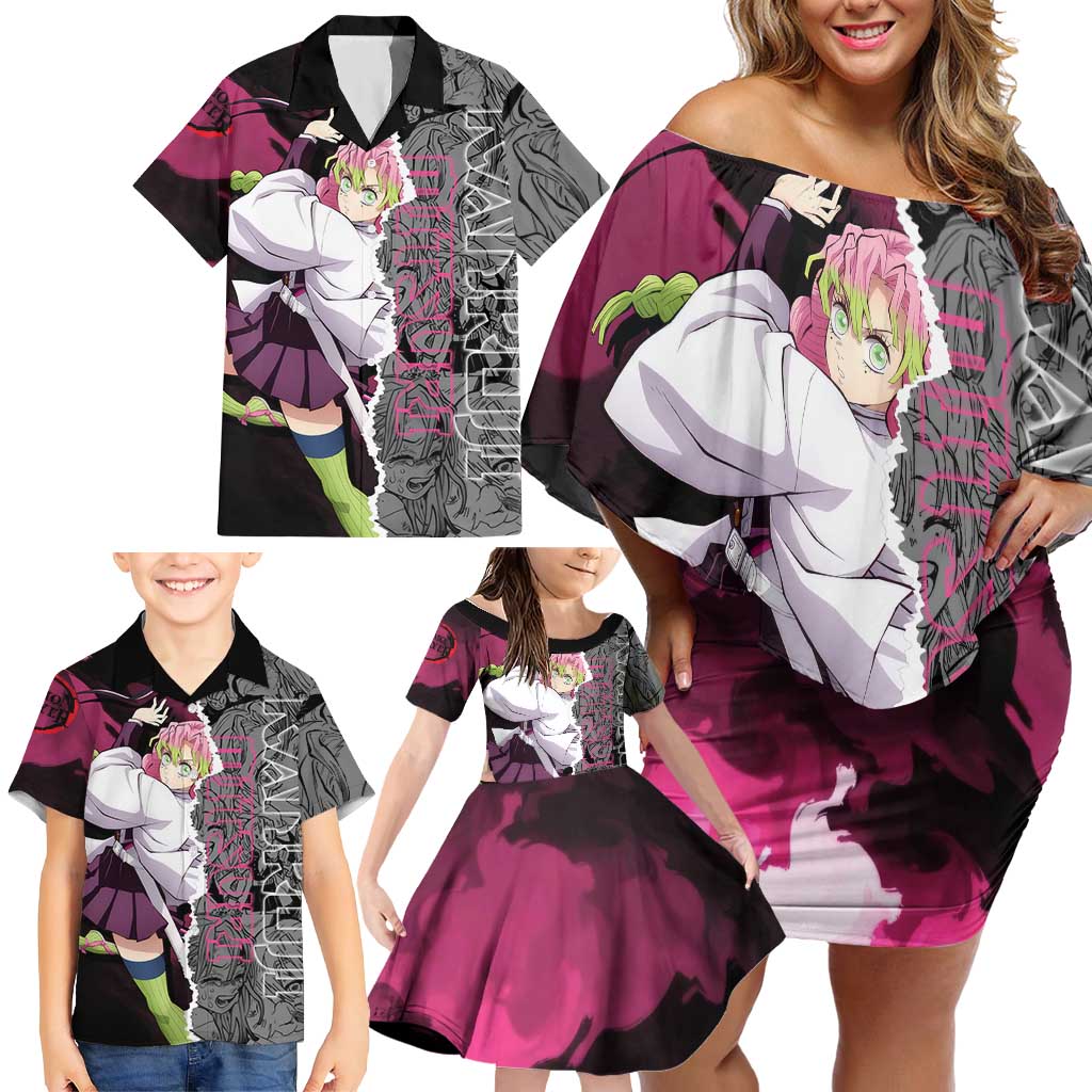 Mitsuri Kanroji Demon Slayer Pink and Black Design Family Matching Off Shoulder Short Dress and Hawaiian Shirt with Manga Panels and Love Hashira Theme