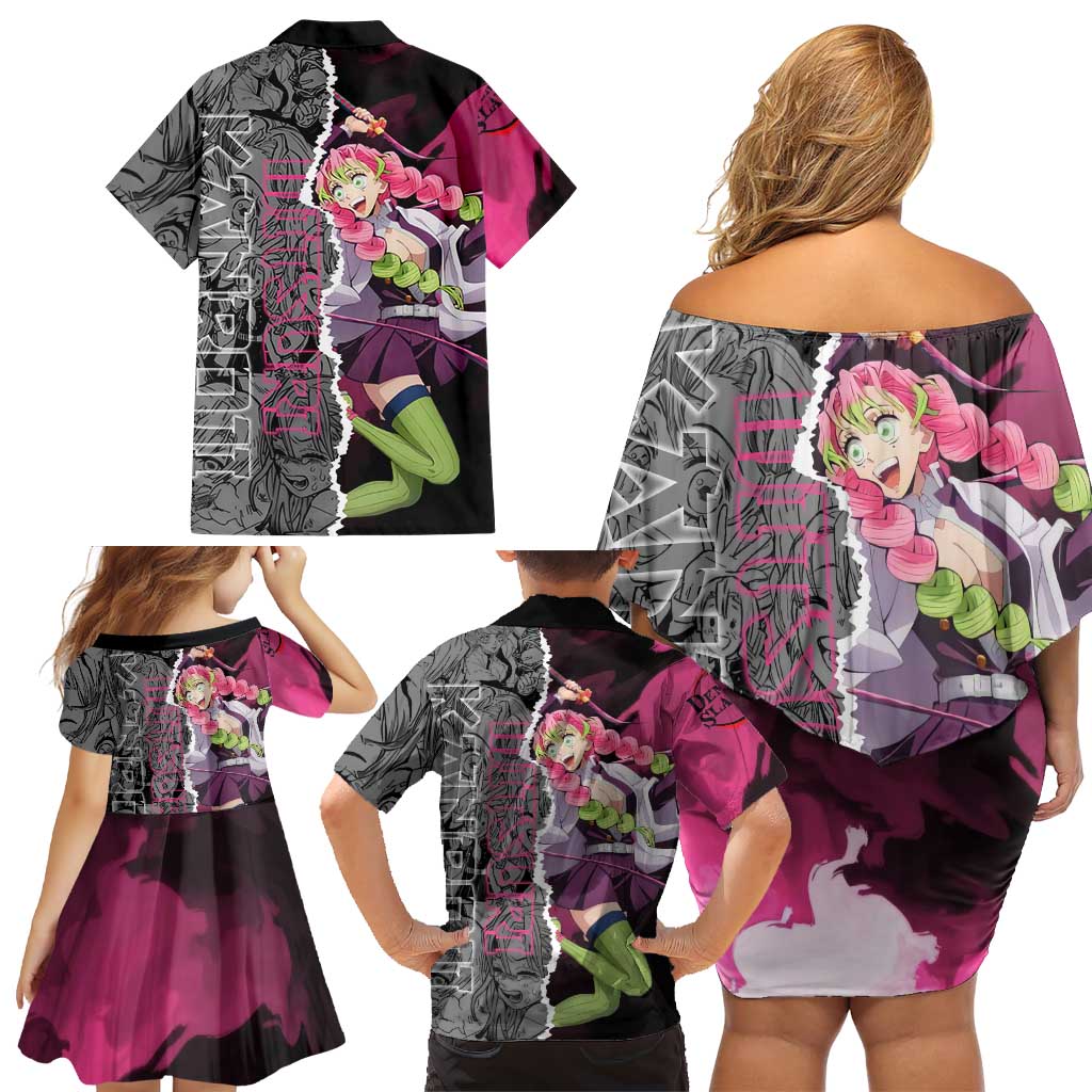 Mitsuri Kanroji Demon Slayer Pink and Black Design Family Matching Off Shoulder Short Dress and Hawaiian Shirt with Manga Panels and Love Hashira Theme