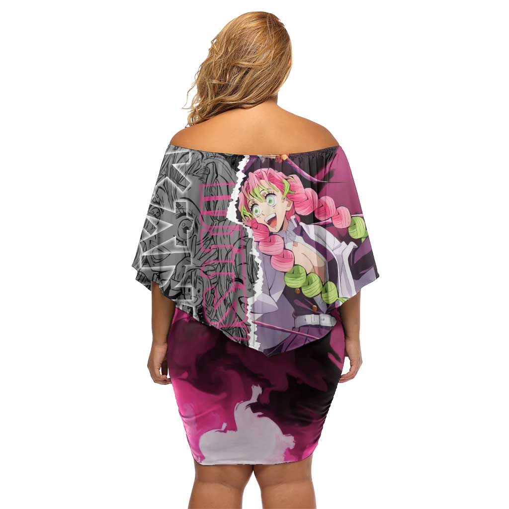 Mitsuri Kanroji Demon Slayer Pink and Black Design Family Matching Off Shoulder Short Dress and Hawaiian Shirt with Manga Panels and Love Hashira Theme