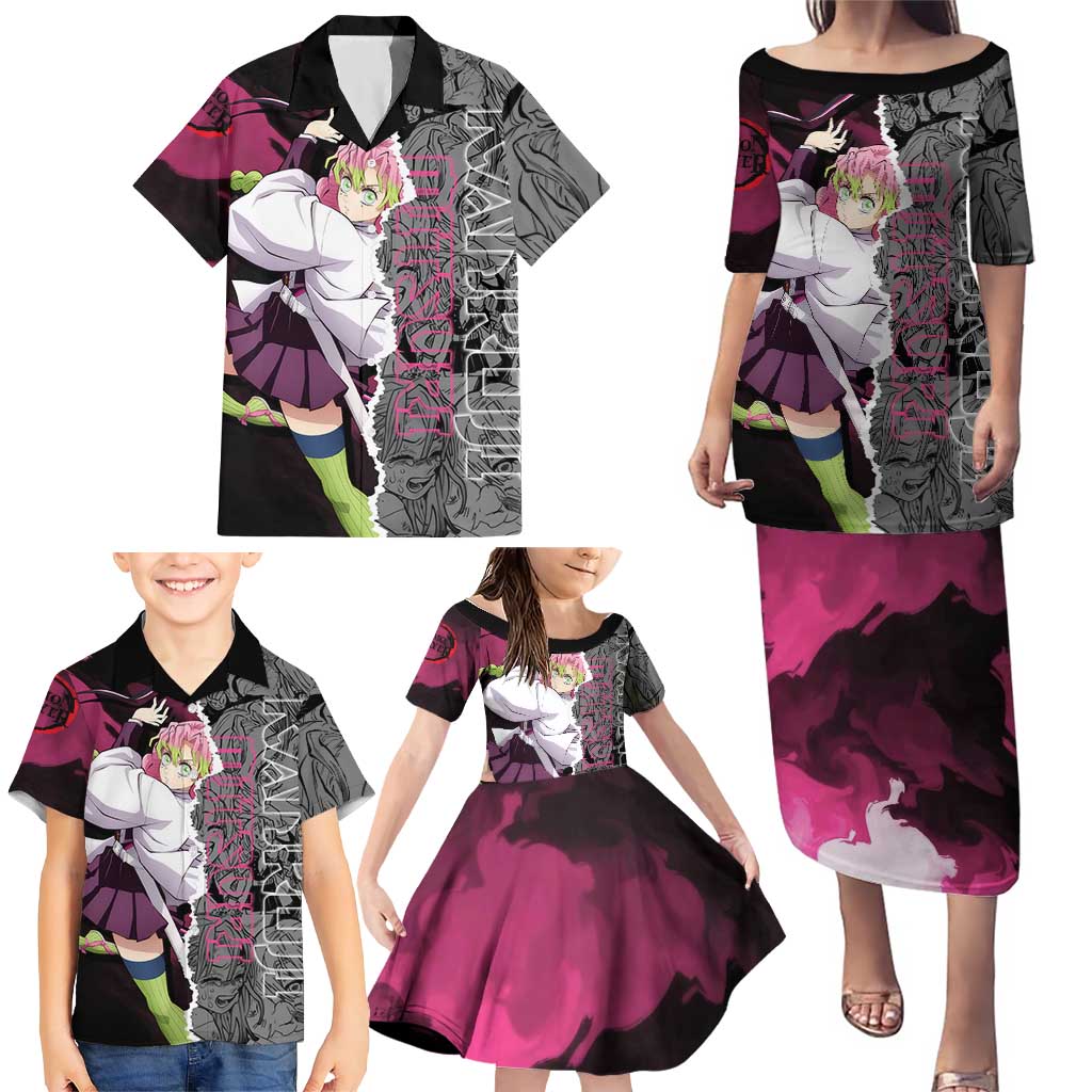 Mitsuri Kanroji Demon Slayer Pink and Black Design Family Matching Puletasi and Hawaiian Shirt with Manga Panels and Love Hashira Theme