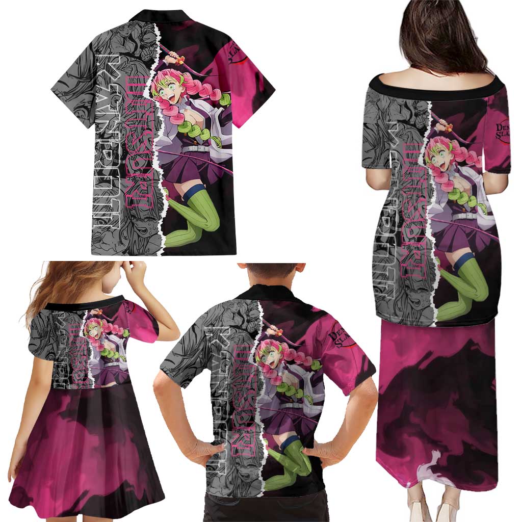 Mitsuri Kanroji Demon Slayer Pink and Black Design Family Matching Puletasi and Hawaiian Shirt with Manga Panels and Love Hashira Theme