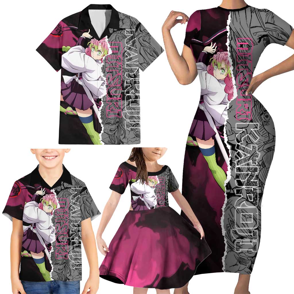 Mitsuri Kanroji Demon Slayer Pink and Black Design Family Matching Short Sleeve Bodycon Dress and Hawaiian Shirt with Manga Panels and Love Hashira Theme
