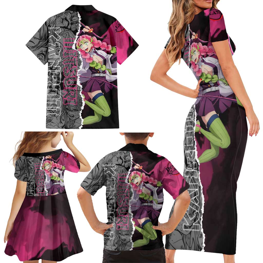 Mitsuri Kanroji Demon Slayer Pink and Black Design Family Matching Short Sleeve Bodycon Dress and Hawaiian Shirt with Manga Panels and Love Hashira Theme
