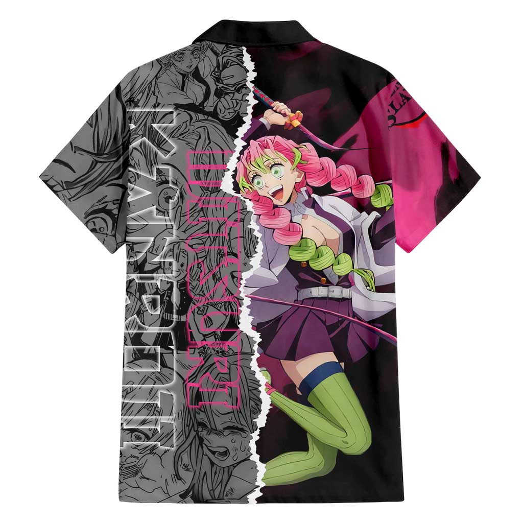Mitsuri Kanroji Demon Slayer Pink and Black Design Family Matching Short Sleeve Bodycon Dress and Hawaiian Shirt with Manga Panels and Love Hashira Theme