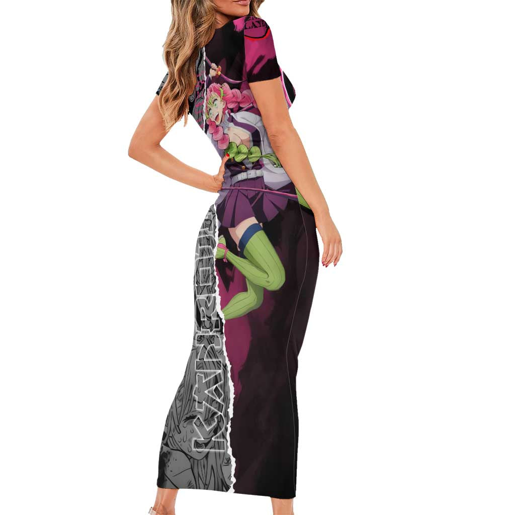 Mitsuri Kanroji Demon Slayer Pink and Black Design Family Matching Short Sleeve Bodycon Dress and Hawaiian Shirt with Manga Panels and Love Hashira Theme