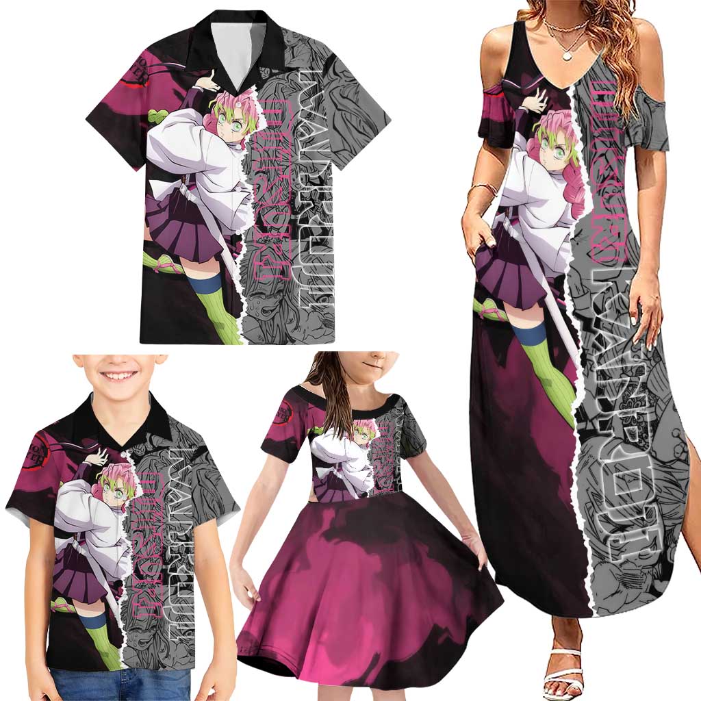 Mitsuri Kanroji Demon Slayer Pink and Black Design Family Matching Summer Maxi Dress and Hawaiian Shirt with Manga Panels and Love Hashira Theme