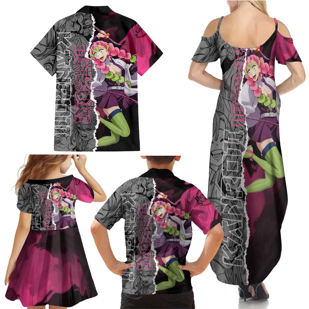 Mitsuri Kanroji Demon Slayer Pink and Black Design Family Matching Summer Maxi Dress and Hawaiian Shirt with Manga Panels and Love Hashira Theme