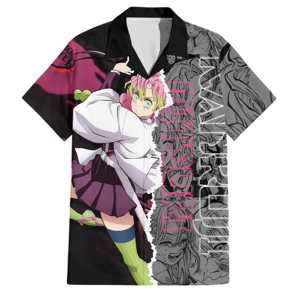 Mitsuri Kanroji Demon Slayer Pink and Black Design Family Matching Summer Maxi Dress and Hawaiian Shirt with Manga Panels and Love Hashira Theme