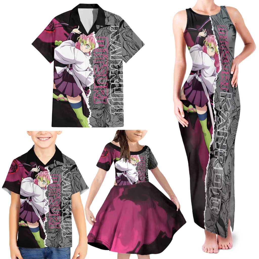 Mitsuri Kanroji Demon Slayer Pink and Black Design Family Matching Tank Maxi Dress and Hawaiian Shirt with Manga Panels and Love Hashira Theme