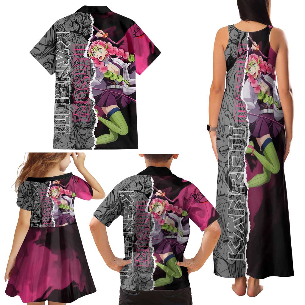 Mitsuri Kanroji Demon Slayer Pink and Black Design Family Matching Tank Maxi Dress and Hawaiian Shirt with Manga Panels and Love Hashira Theme
