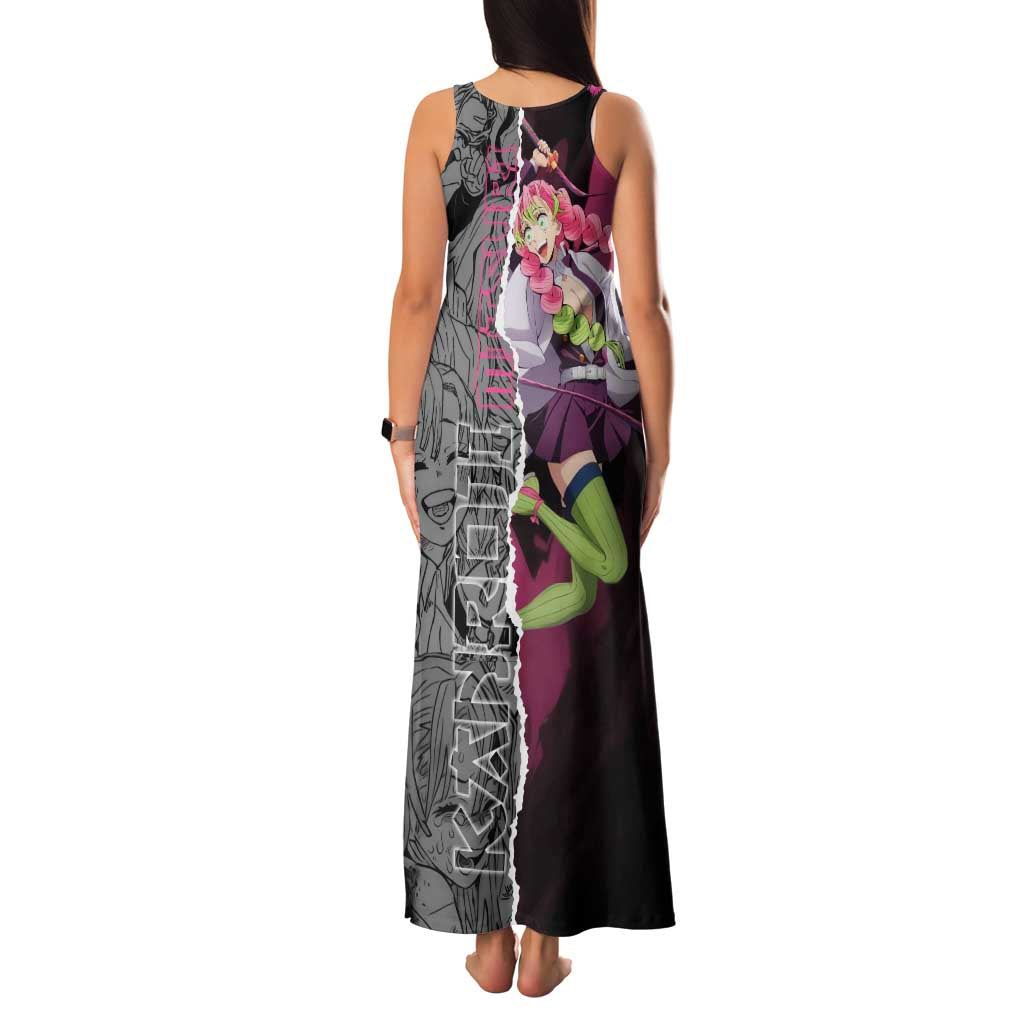 Mitsuri Kanroji Demon Slayer Pink and Black Design Family Matching Tank Maxi Dress and Hawaiian Shirt with Manga Panels and Love Hashira Theme