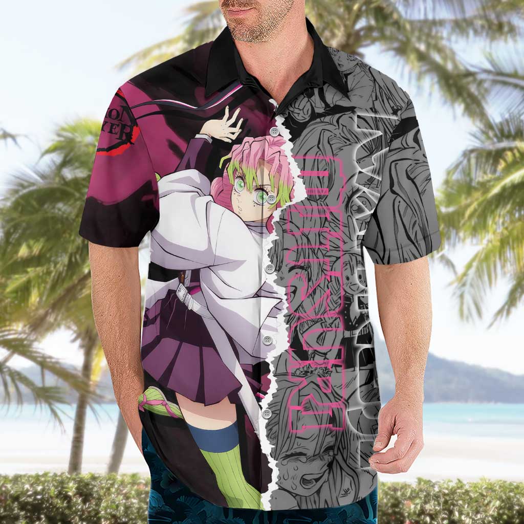Mitsuri Kanroji Demon Slayer Pink and Black Design Hawaiian Shirt with Manga Panels and Love Hashira Theme - The Mazicc