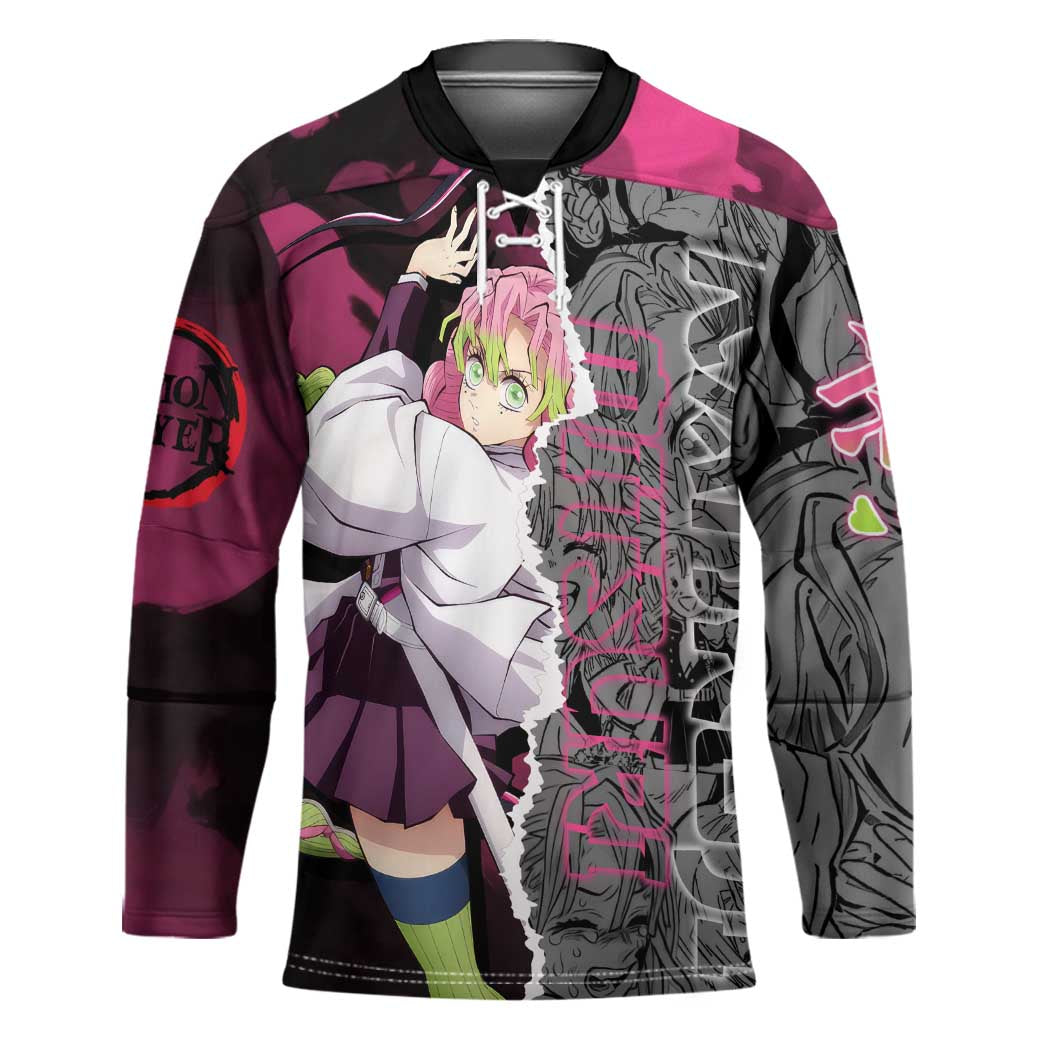 Mitsuri Kanroji Demon Slayer Pink and Black Design Hockey Jersey with Manga Panels and Love Hashira Theme - The Mazicc