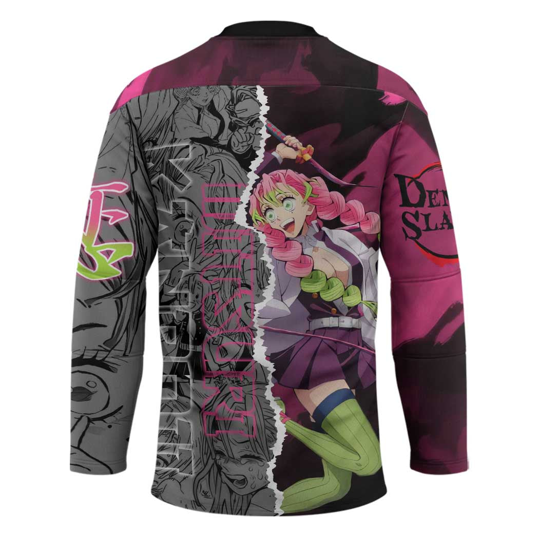 Mitsuri Kanroji Demon Slayer Pink and Black Design Hockey Jersey with Manga Panels and Love Hashira Theme - The Mazicc