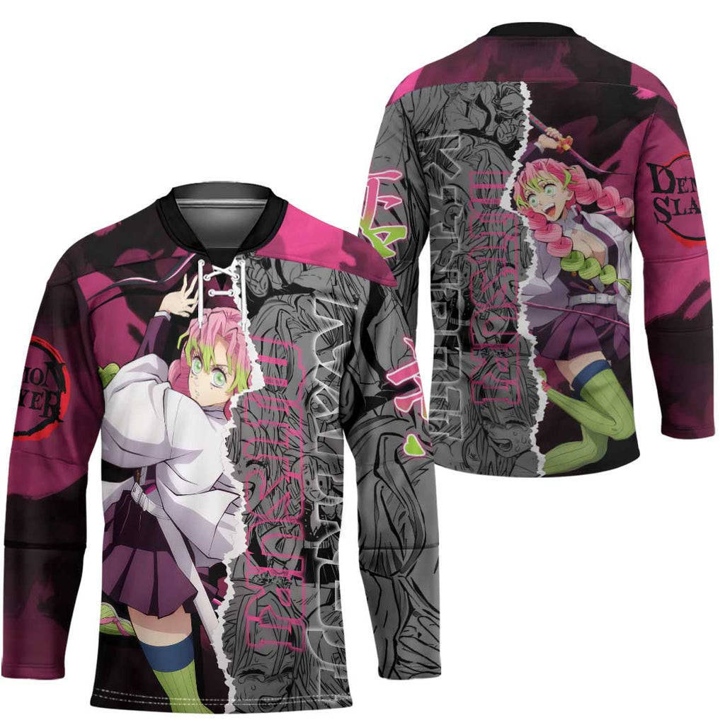 Mitsuri Kanroji Demon Slayer Pink and Black Design Hockey Jersey with Manga Panels and Love Hashira Theme - The Mazicc