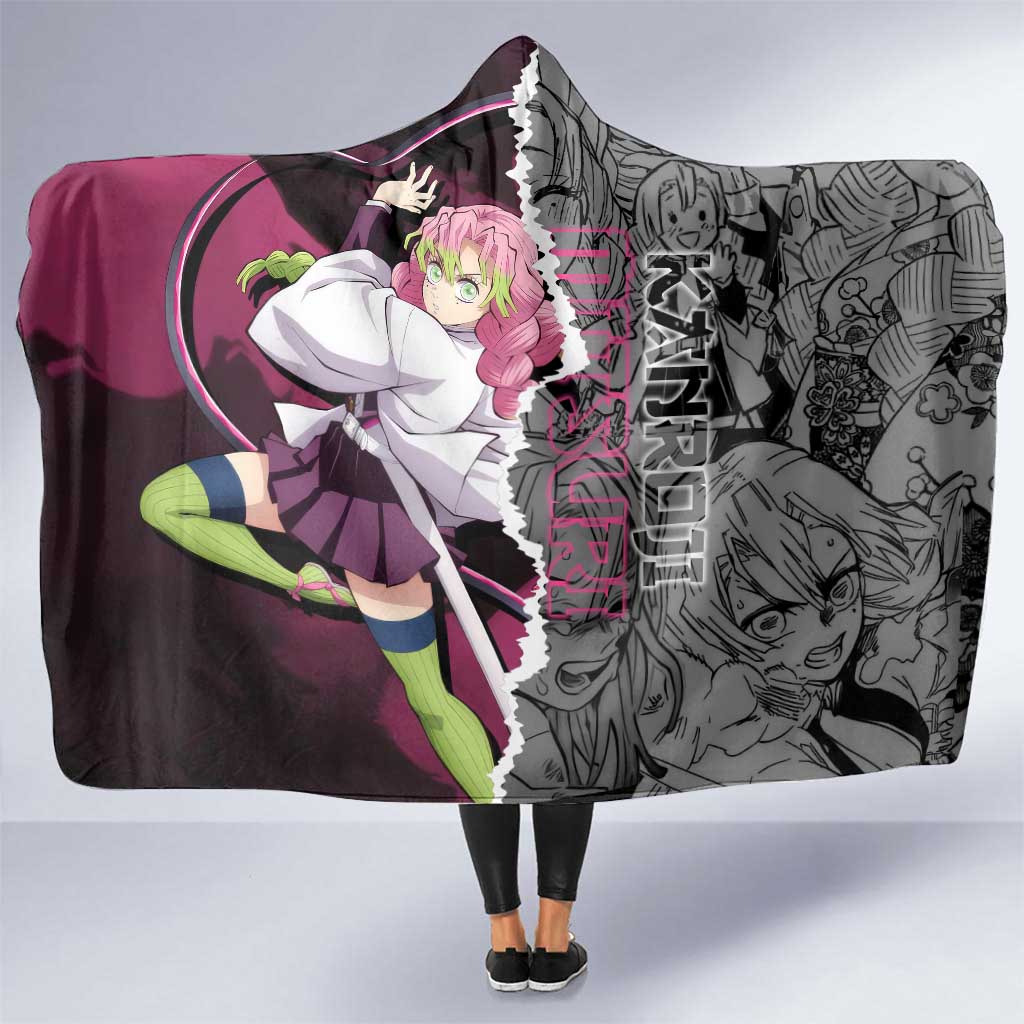 Mitsuri Kanroji Demon Slayer Pink and Black Design Hooded Blanket with Manga Panels and Love Hashira Theme - The Mazicc