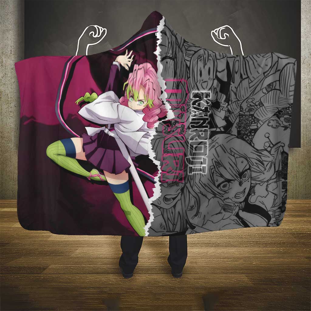 Mitsuri Kanroji Demon Slayer Pink and Black Design Hooded Blanket with Manga Panels and Love Hashira Theme - The Mazicc