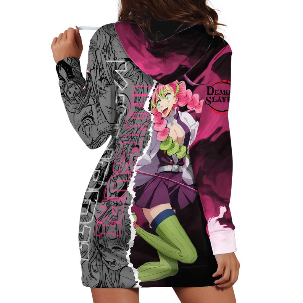 Mitsuri Kanroji Demon Slayer Pink and Black Design Hoodie Dress with Manga Panels and Love Hashira Theme - The Mazicc