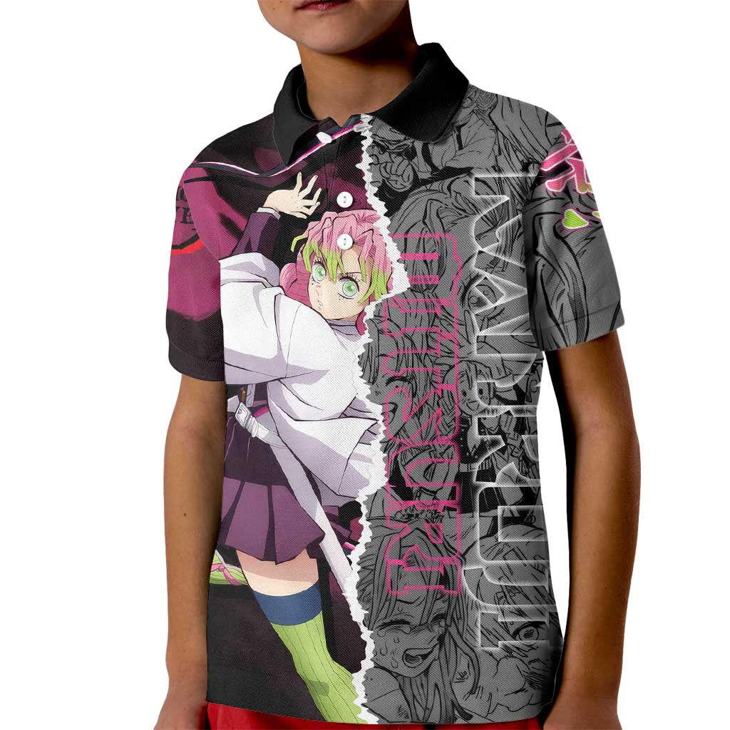 Mitsuri Kanroji Demon Slayer Pink and Black Design Kid Polo Shirt with Manga Panels and Love Hashira Theme - The Mazicc