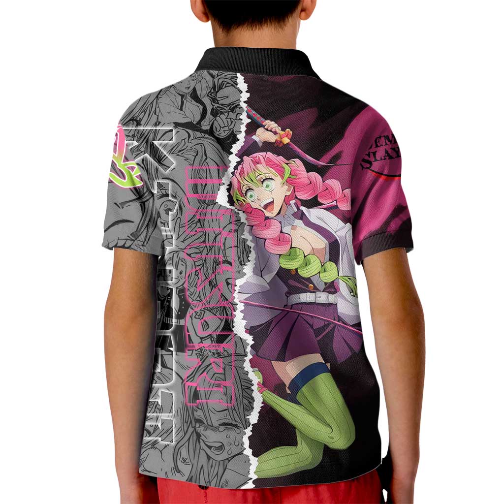 Mitsuri Kanroji Demon Slayer Pink and Black Design Kid Polo Shirt with Manga Panels and Love Hashira Theme - The Mazicc
