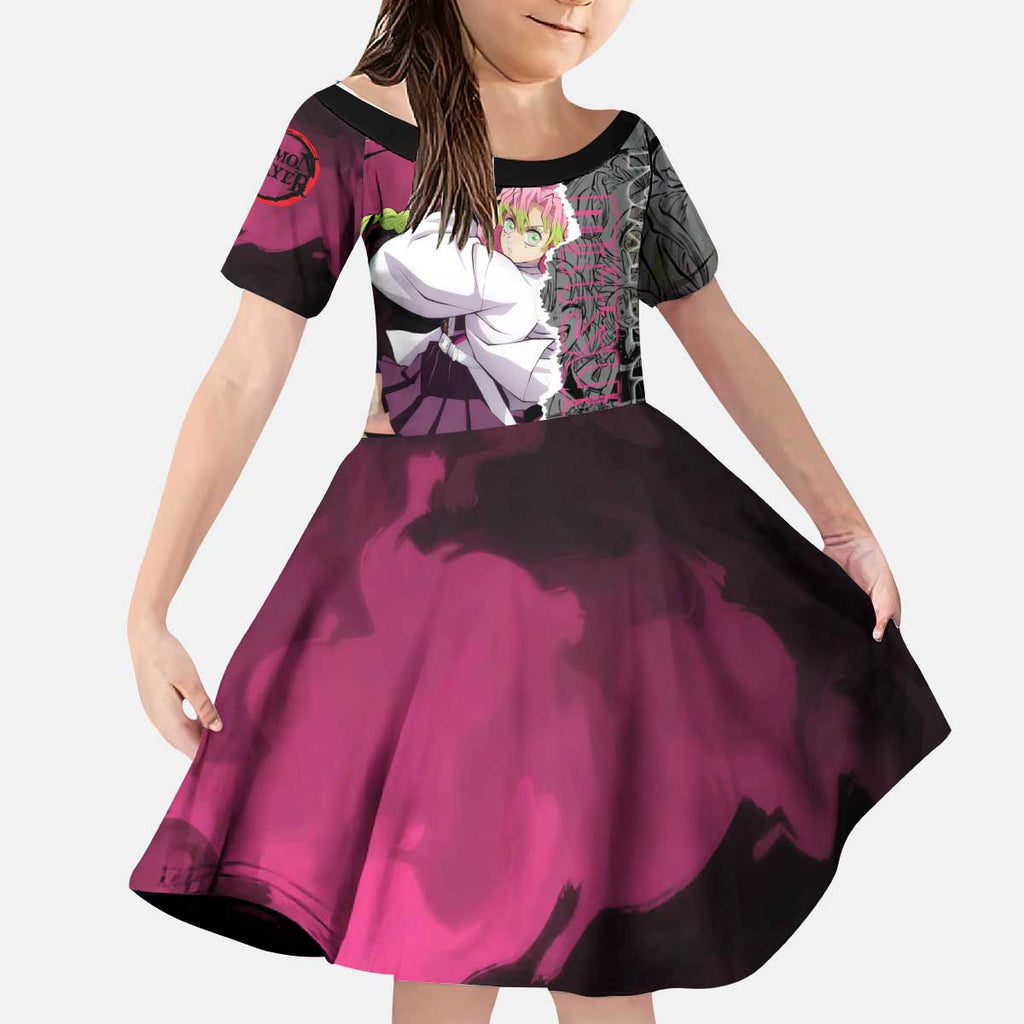 Mitsuri Kanroji Demon Slayer Pink and Black Design Kid Short Sleeve Dress with Manga Panels and Love Hashira Theme - The Mazicc