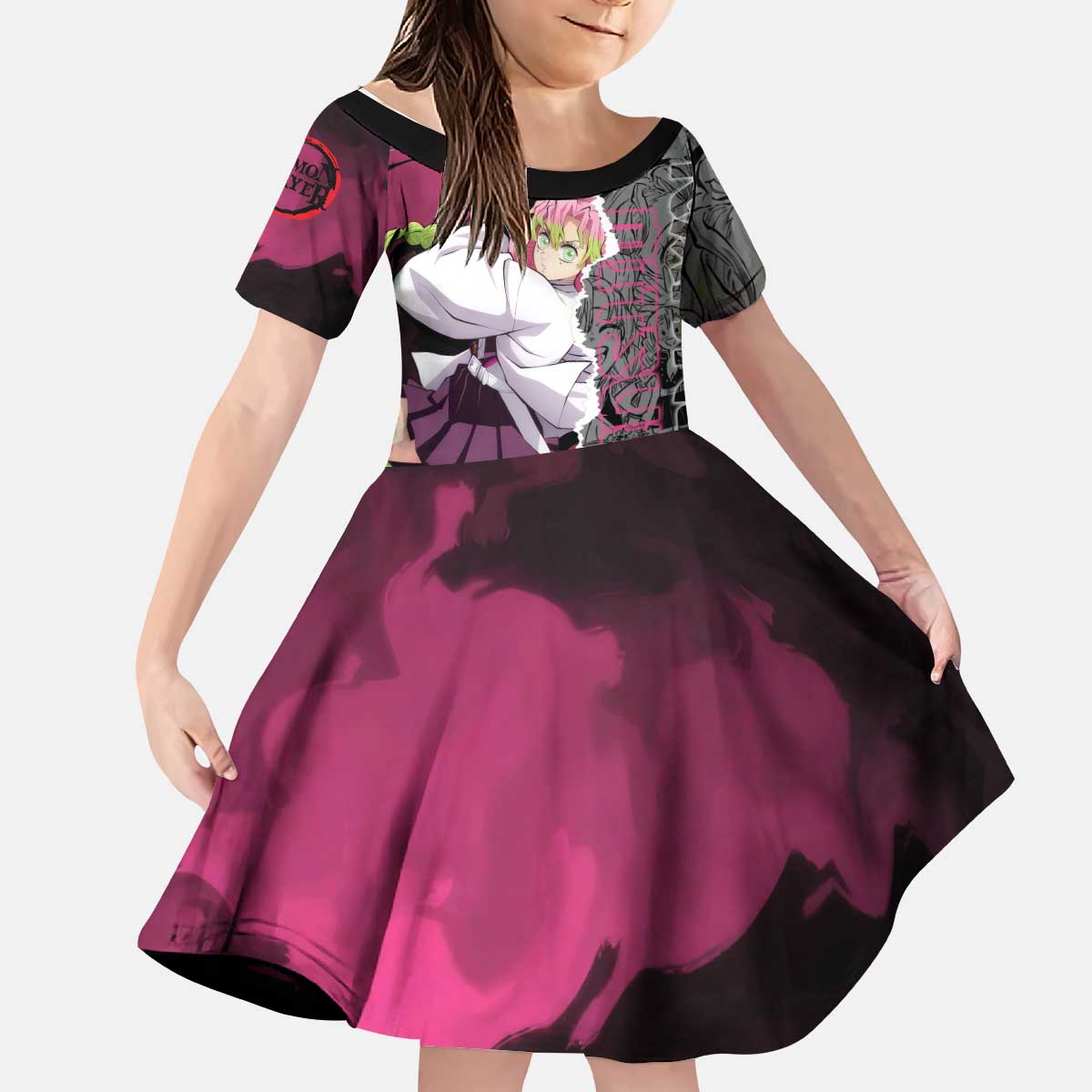 Mitsuri Kanroji Demon Slayer Pink and Black Design Kid Short Sleeve Dress with Manga Panels and Love Hashira Theme - The Mazicc