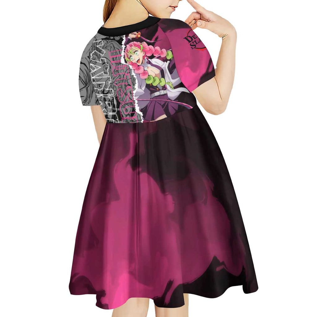 Mitsuri Kanroji Demon Slayer Pink and Black Design Kid Short Sleeve Dress with Manga Panels and Love Hashira Theme - The Mazicc