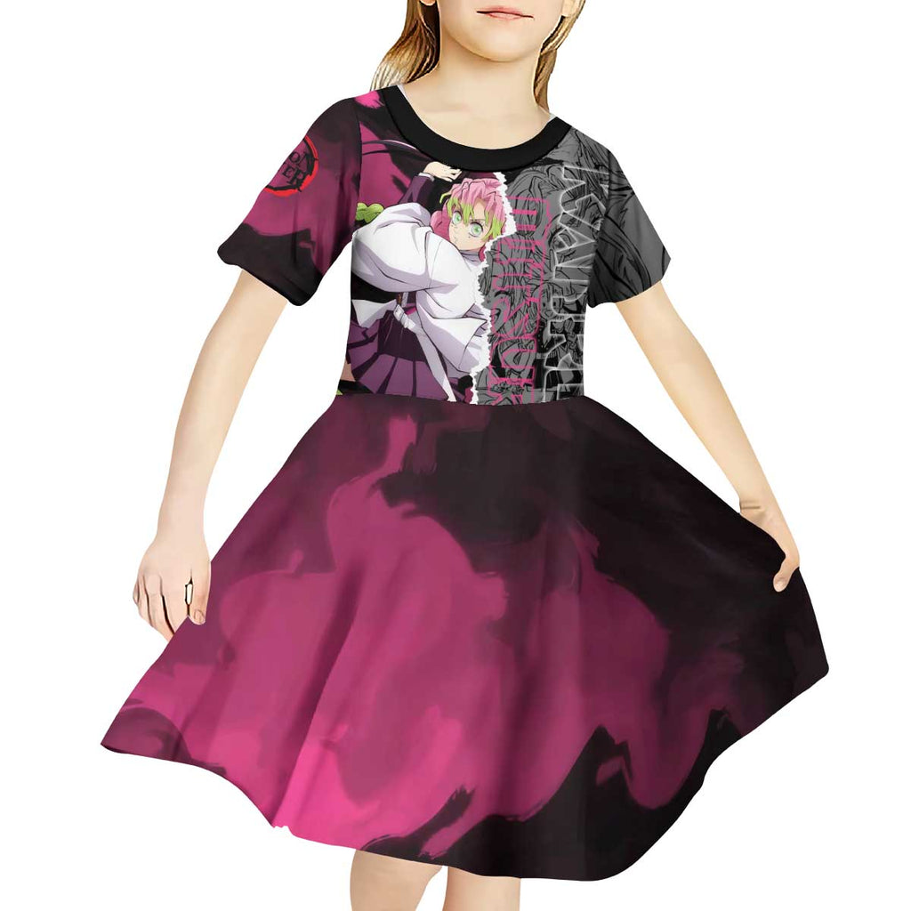 Mitsuri Kanroji Demon Slayer Pink and Black Design Kid Short Sleeve Dress with Manga Panels and Love Hashira Theme - The Mazicc