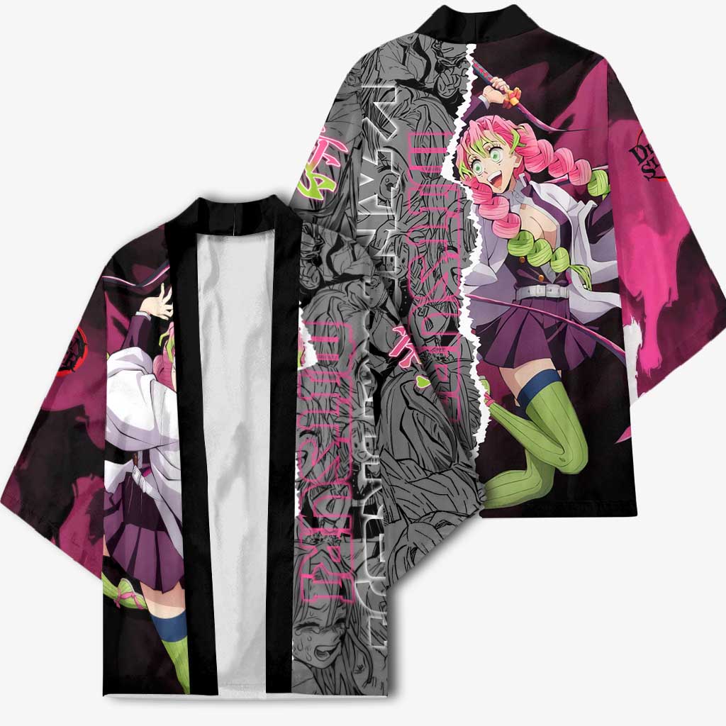 Mitsuri Kanroji Demon Slayer Pink and Black Design Kimono with Manga Panels and Love Hashira Theme - The Mazicc