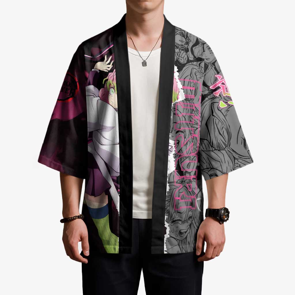 Mitsuri Kanroji Demon Slayer Pink and Black Design Kimono with Manga Panels and Love Hashira Theme - The Mazicc