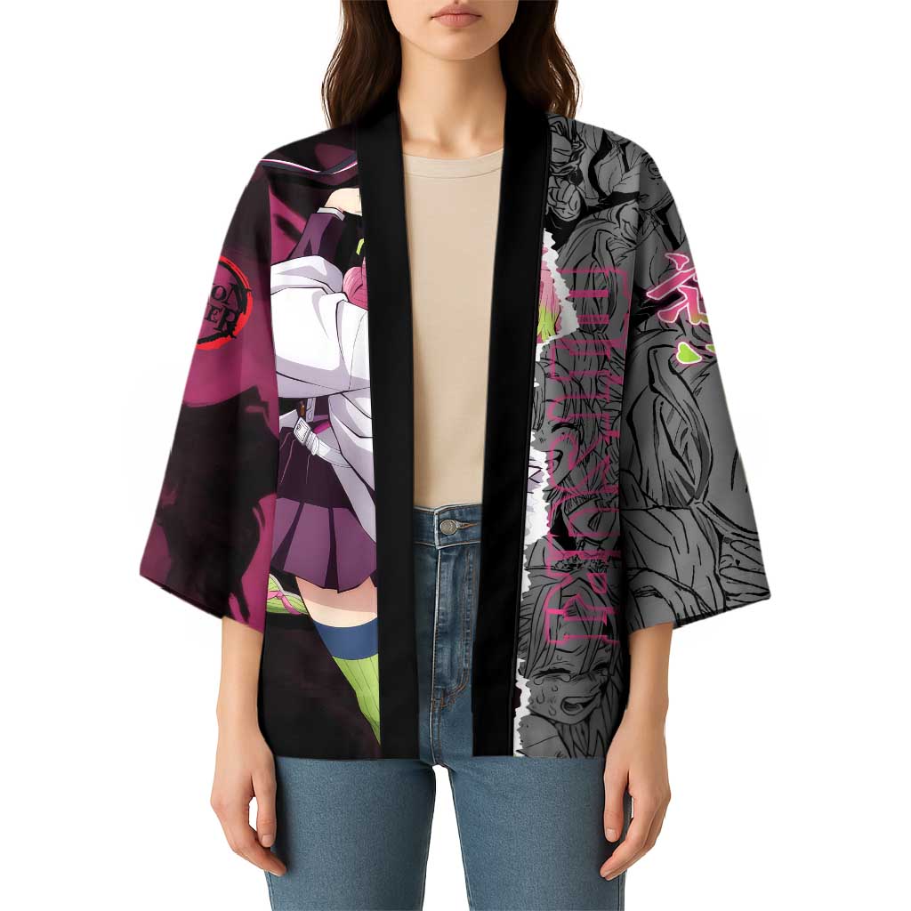 Mitsuri Kanroji Demon Slayer Pink and Black Design Kimono with Manga Panels and Love Hashira Theme - The Mazicc