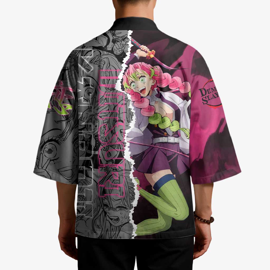 Mitsuri Kanroji Demon Slayer Pink and Black Design Kimono with Manga Panels and Love Hashira Theme - The Mazicc