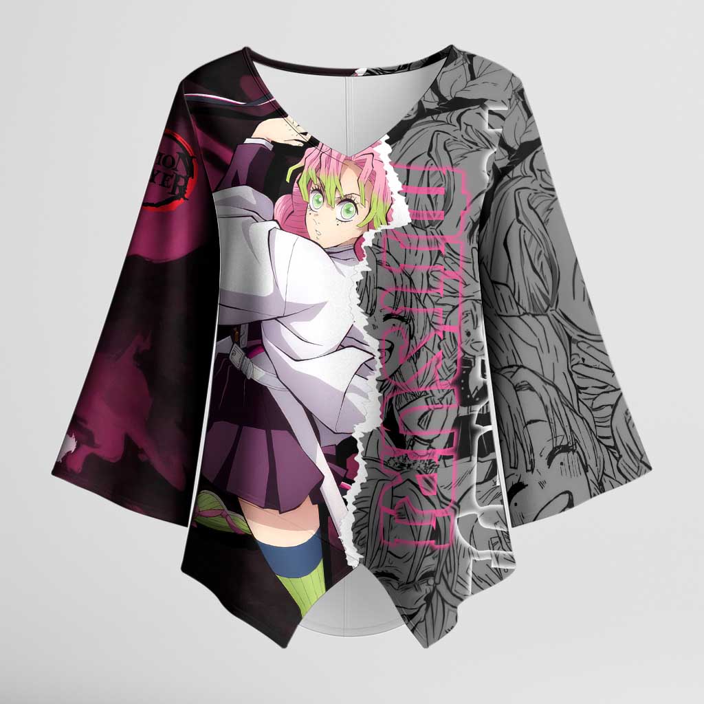 Mitsuri Kanroji Demon Slayer Pink and Black Design Kimono Sleeve Blouse with Manga Panels and Love Hashira Theme - The Mazicc