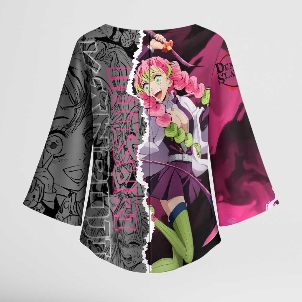 Mitsuri Kanroji Demon Slayer Pink and Black Design Kimono Sleeve Blouse with Manga Panels and Love Hashira Theme - The Mazicc