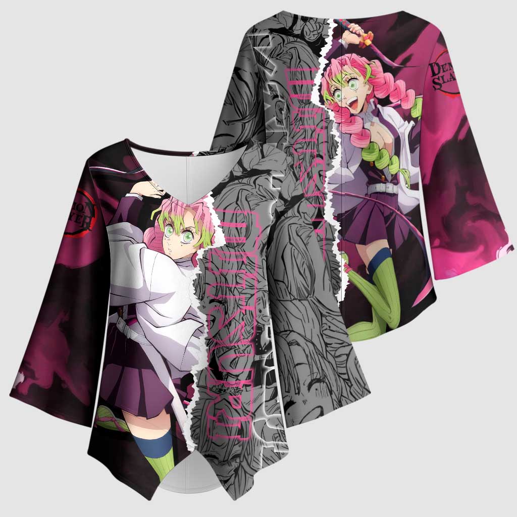 Mitsuri Kanroji Demon Slayer Pink and Black Design Kimono Sleeve Blouse with Manga Panels and Love Hashira Theme - The Mazicc