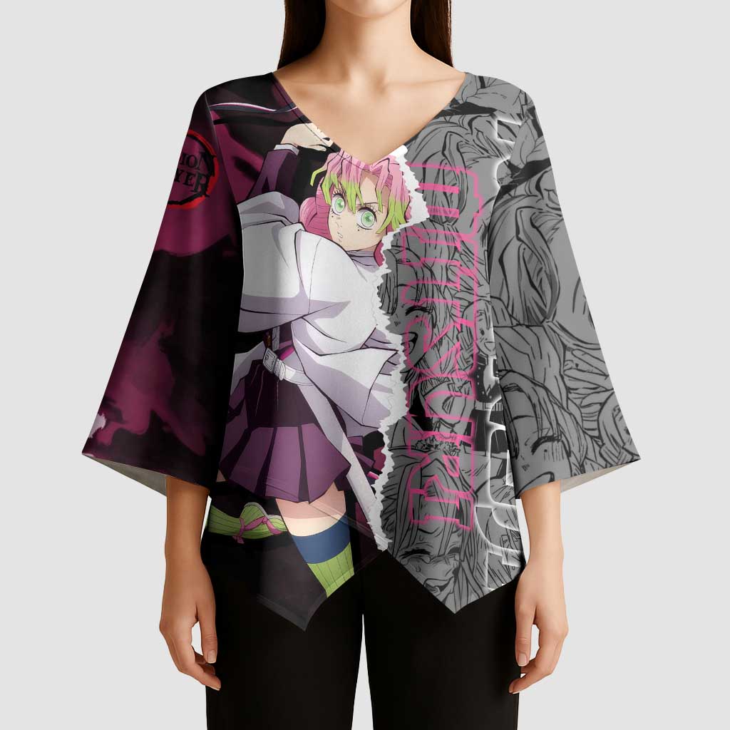 Mitsuri Kanroji Demon Slayer Pink and Black Design Kimono Sleeve Blouse with Manga Panels and Love Hashira Theme - The Mazicc