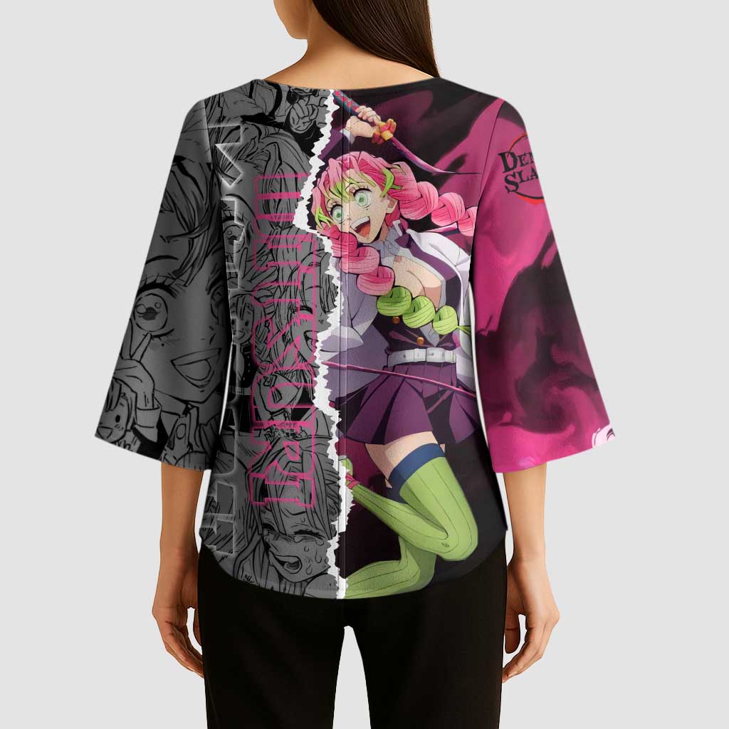 Mitsuri Kanroji Demon Slayer Pink and Black Design Kimono Sleeve Blouse with Manga Panels and Love Hashira Theme - The Mazicc