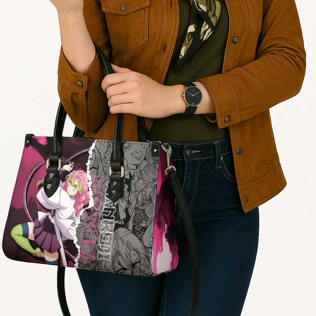 Mitsuri Kanroji Demon Slayer Pink and Black Design Leather Bag with Manga Panels and Love Hashira Theme - The Mazicc