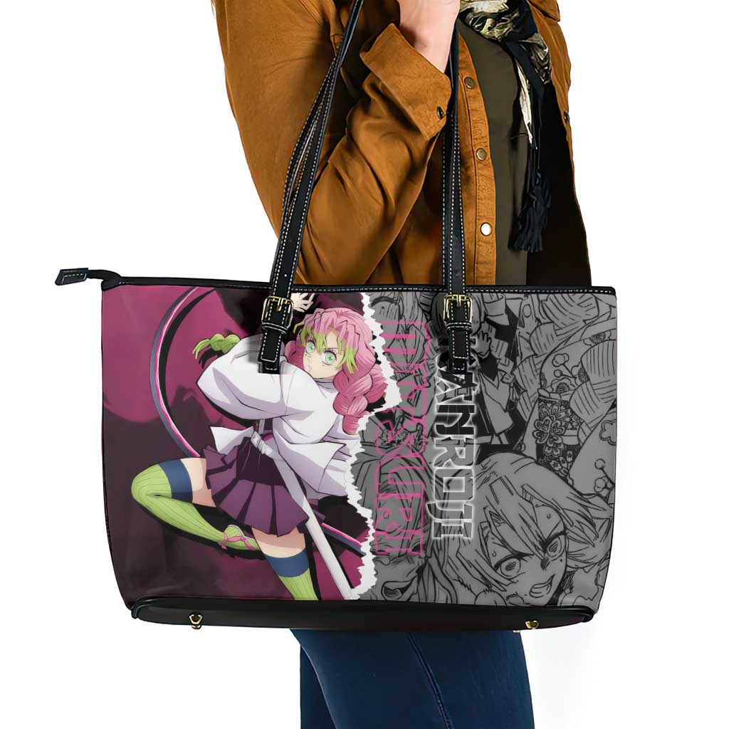 Mitsuri Kanroji Demon Slayer Pink and Black Design Leather Tote Bag with Manga Panels and Love Hashira Theme - The Mazicc